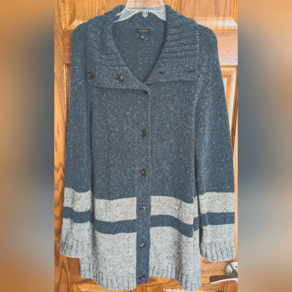 Talbots Timeless Long Wool Blend Button Up Cardigan Heathered Navy & Gray L